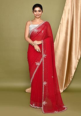 Red Embroidered Georgette  Saree
