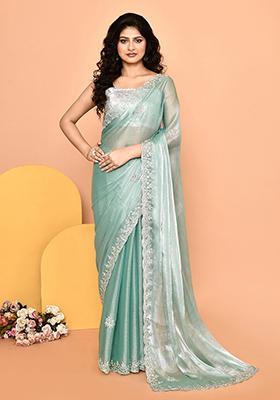 Turquoise Blue Embroidered Silk Saree