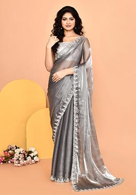 Grey Embroidered Silk Saree