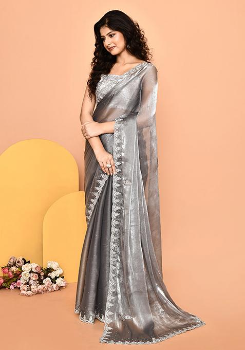 Vibrant Grey Embroidered Silk Wedding Wear Contemporary Saree