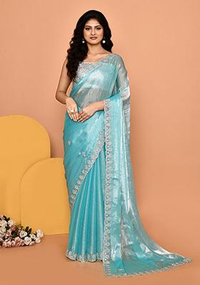 Teal Blue Embroidered Silk Saree