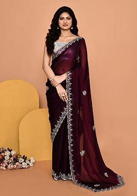 Wine Embroidered Silk Saree