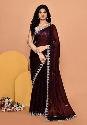 Wine Embroidered Silk Saree