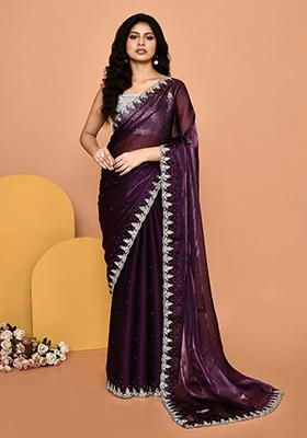 Purple Embroidered Silk Saree