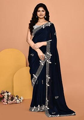 Blue Embroidered Silk Saree