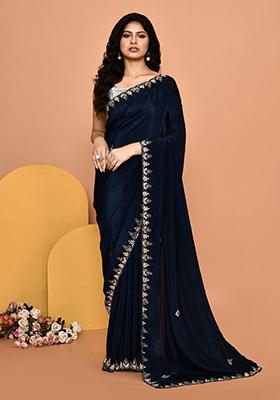 Blue Embroidered Silk Saree