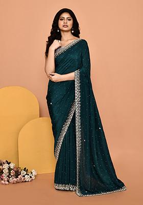 Turquoise Blue Embroidered Silk Saree