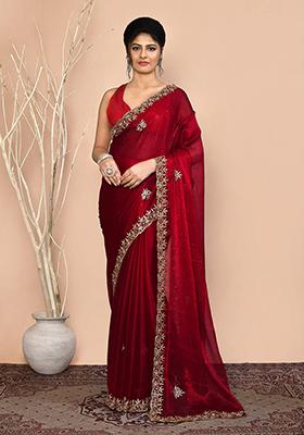Maroon Embroidered Georgette  Saree