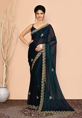 Teal Blue Embroidered Georgette  Saree