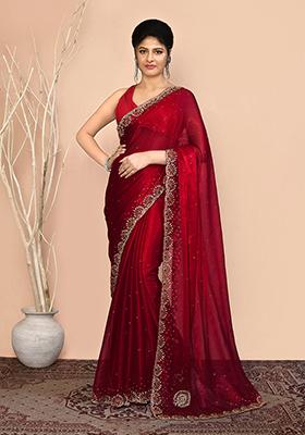 Maroon Embroidered Georgette  Saree