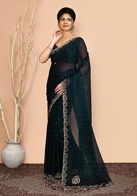 Teal Blue Embroidered Georgette  Saree