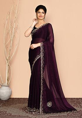 Wine Embroidered Georgette  Saree