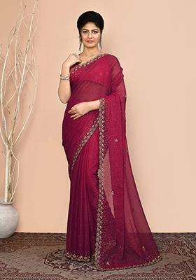 Magenta Embroidered Georgette  Saree