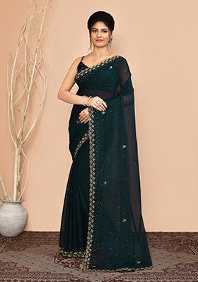 Teal Blue Embroidered Georgette  Saree