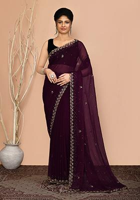 Wine Embroidered Georgette  Saree