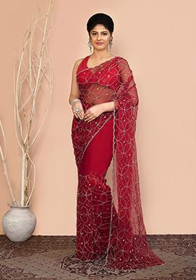 Red Embroidered Net Saree