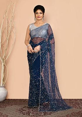 Blue Embroidered Net Saree