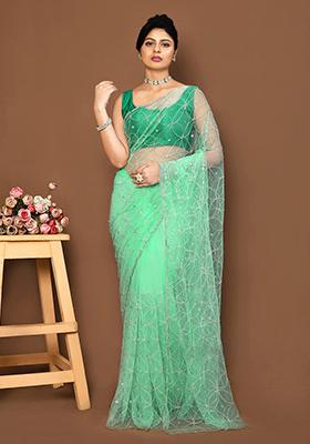 Green Embroidered Net Saree