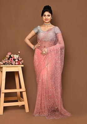 Pink Embroidered Net Saree