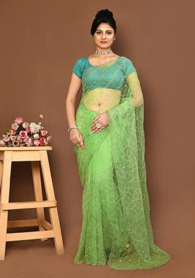 Green Embroidered Net Saree