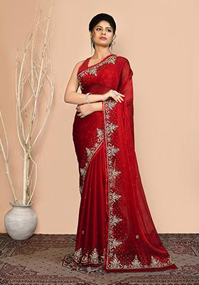 Maroon Embroidered Georgette  Saree