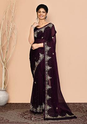 Wine Embroidered Georgette  Saree
