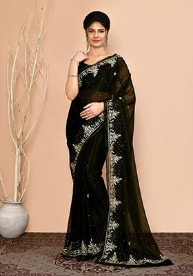 Olive Embroidered Georgette  Saree