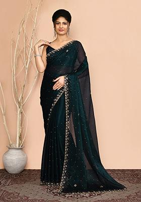 Teal Blue Embroidered Georgette  Saree