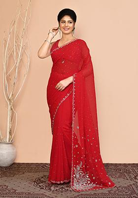 Red Embroidered Georgette  Saree