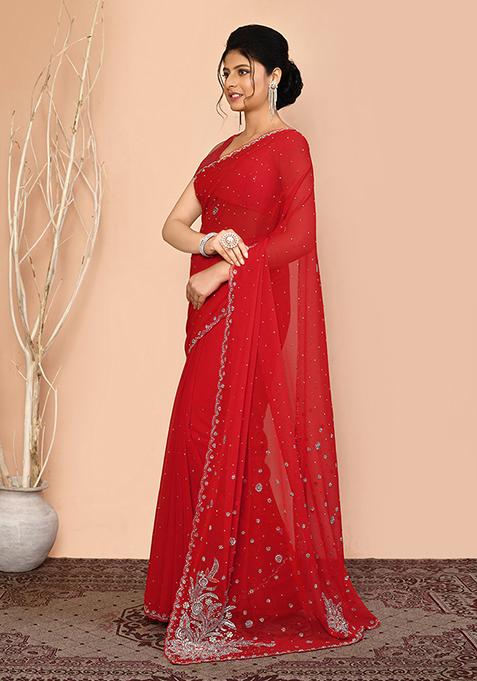Women deep red embroidered fox georgette unstitched salwar set main image 1