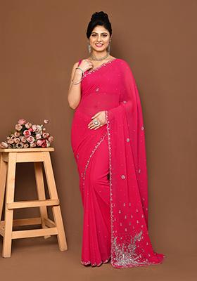 Pink Embroidered Georgette  Saree