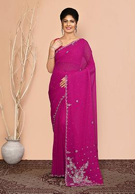Pink Embroidered Georgette  Saree