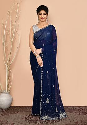 Blue Embroidered Georgette  Saree