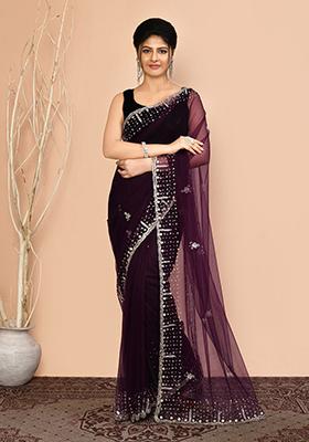 Wine Embroidered Net Saree