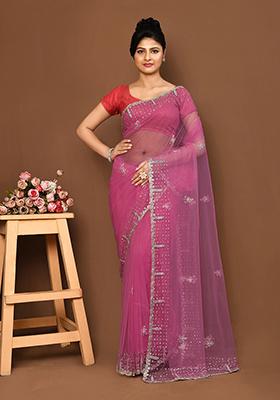 Purple Embroidered Net Saree