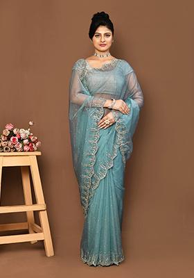 Blue Embroidered Organza Saree
