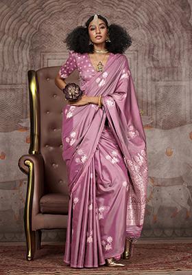 Mauve Blue Zari Work Silk Saree Set