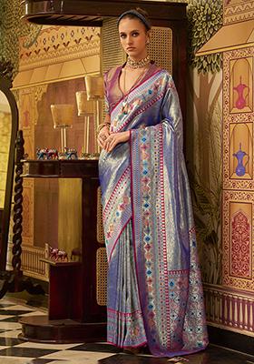 Violet Zari Work Tissue Saree Set