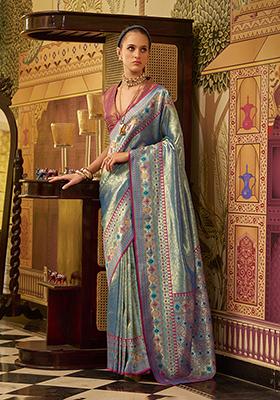 Blue Zari Work Tissue Saree Set