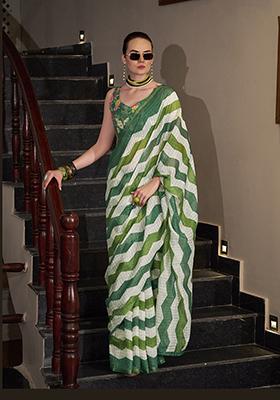 Green Printed Cotton Saree Set