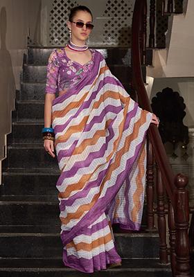Purple Printed Cotton Saree Set