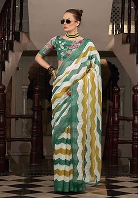 Green Printed Cotton Saree Set