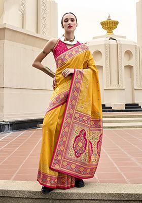 Yellow Zari Work Banarasi Saree Set
