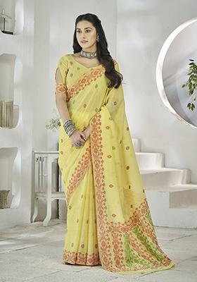 Yellow Zari Work Linen Saree Set
