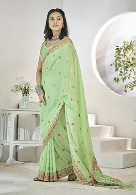 Light Green Zari Work Linen Saree Set