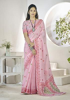 Light Pink Zari Work Linen Saree Set