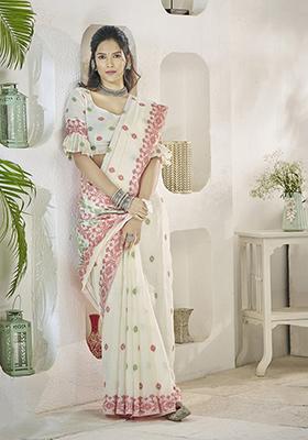 White Zari Work Linen Saree Set