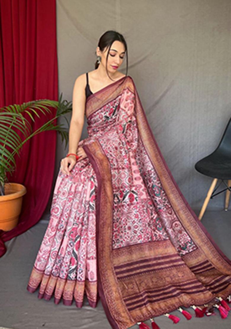 Maroon Printed Cotton Saree Set