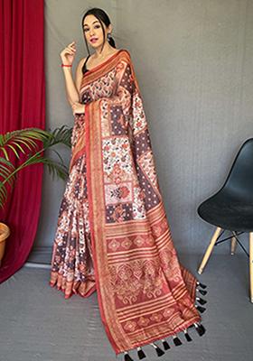 Orange Printed Cotton Saree Set