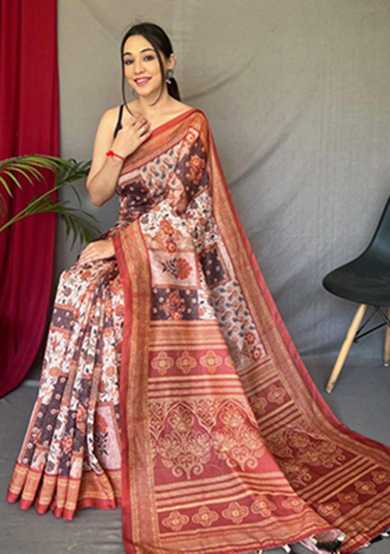 Orange Printed Cotton Saree Set